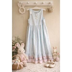 Vintage Handmade Easter Bunny Dress | Girls Size 9/10 | Pastel Blue Spring Dress